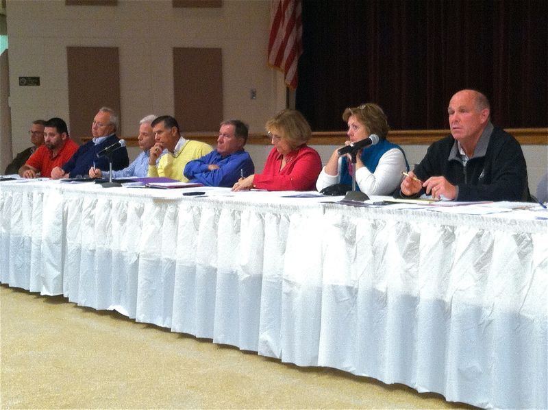 House Speaker Pete Schwartzkopf, D-Rehoboth Beach, answers questions from residents at a Pedestrian Safety Task Force meeting, Oct. 22. Shown are (l-r) Sussex County Councilman George Cole; Don Mitchell of Rehoboth Beach Volunteer Fire Company; Bill Klemkowski of Rehoboth Beach-Dewey Beach Chamber of Commerce; Rehoboth Beach Commissioner Patrick Gossett; Rep. Steve Smyk, R-Lewes; Roger Roy, of Delaware Bicycle Council; Sussex County Councilwoman Joan Deaver; business owner Dana Quillen; and Schwartzkopf. BY KARA NUZBACK